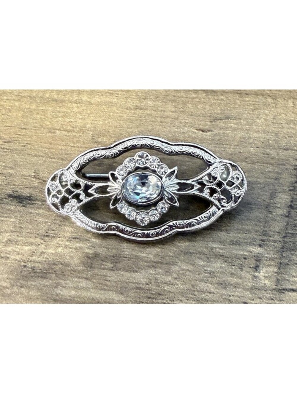 1928 Vintage Style Silver Tone Rhinestone Filigree Brooch Pin Oval Victorian